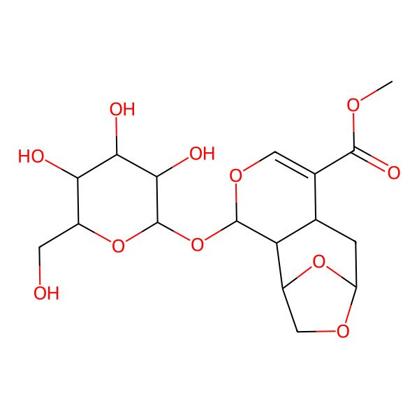 2D Structure of Methyl 3-[3,4,5-trihydroxy-6-(hydroxymethyl)oxan-2-yl]oxy-4,10,12-trioxatricyclo[7.2.1.02,7]dodec-5-ene-6-carboxylate
