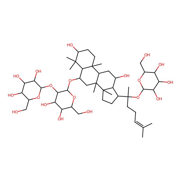 2D Structure of (2S,3R,4S,5S,6R)-2-[(2R,3R,4S,5S,6R)-2-[[(3S,5S,6S,8R,9R,10R,12R,13R,14R,17S)-3,12-dihydroxy-4,4,8,10,14-pentamethyl-17-[(2S)-6-methyl-2-[(2S,3R,4S,5S,6R)-3,4,5-trihydroxy-6-(hydroxymethyl)oxan-2-yl]oxyhept-5-en-2-yl]-2,3,5,6,7,9,11,12,13,15,16,17-dodecahydro-1H-cyclopenta[a]phenanthren-6-yl]oxy]-4,5-dihydroxy-6-(hydroxymethyl)oxan-3-yl]oxy-6-(hydroxymethyl)oxane-3,4,5-triol