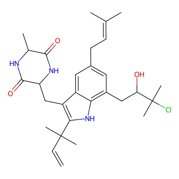 2D Structure of 3-[[7-(3-chloro-2-hydroxy-3-methylbutyl)-2-(2-methylbut-3-en-2-yl)-5-(3-methylbut-2-enyl)-1H-indol-3-yl]methyl]-6-methylpiperazine-2,5-dione