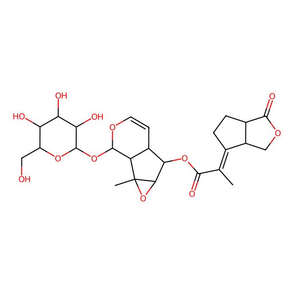 2D Structure of [(1S,2R,4S,5S,6R,10S)-2-methyl-10-[(2S,3R,4S,5S,6R)-3,4,5-trihydroxy-6-(hydroxymethyl)oxan-2-yl]oxy-3,9-dioxatricyclo[4.4.0.02,4]dec-7-en-5-yl] (2E)-2-[(3aR,6aR)-3-oxo-3a,4,5,6a-tetrahydro-1H-cyclopenta[c]furan-6-ylidene]propanoate