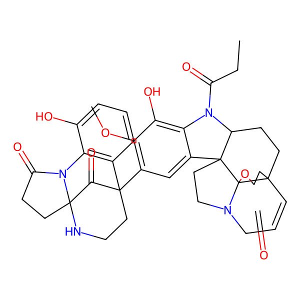 2D Structure of (1R,12S)-7-hydroxy-12-[(1R,4R,12R,16S)-7-hydroxy-8-methoxy-18-oxo-5-propanoyl-17-oxa-5,15-diazahexacyclo[13.4.3.01,16.04,12.06,11.012,16]docosa-6,8,10,20-tetraen-9-yl]-5,15-diazatetracyclo[10.3.1.01,5.06,11]hexadeca-6(11),7,9-triene-4,16-dione