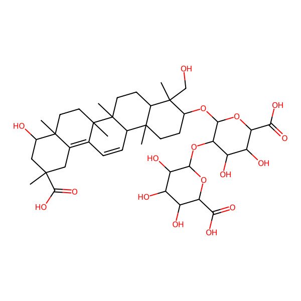 2D Structure of (2S,3S,4S,5R,6R)-6-[(2R,3R,4S,5S,6S)-2-[[(3S,4S,4aR,6aR,6bS,8aR,9R,11R,14aR,14bS)-11-carboxy-9-hydroxy-4-(hydroxymethyl)-4,6a,6b,8a,11,14b-hexamethyl-1,2,3,4a,5,6,7,8,9,10,12,14a-dodecahydropicen-3-yl]oxy]-6-carboxy-4,5-dihydroxyoxan-3-yl]oxy-3,4,5-trihydroxyoxane-2-carboxylic acid