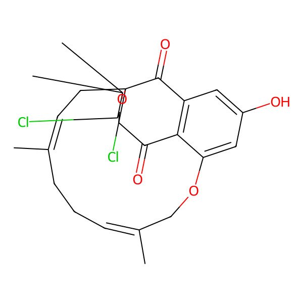 2D Structure of (1R,3E,7Z,18S,20S)-18,20-dichloro-13-hydroxy-4,8,21,21-tetramethyl-10,22-dioxatetracyclo[13.7.1.01,18.011,16]tricosa-3,7,11,13,15-pentaene-17,23-dione