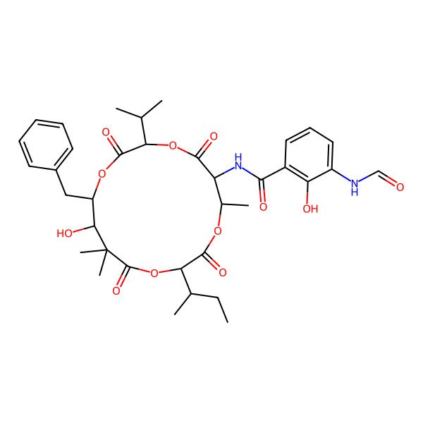 2D Structure of N-[(3S,14S,15S)-15-benzyl-10-[(2S)-butan-2-yl]-14-hydroxy-7,13,13-trimethyl-2,5,9,12-tetraoxo-3-propan-2-yl-1,4,8,11-tetraoxacyclopentadec-6-yl]-3-formamido-2-hydroxybenzamide
