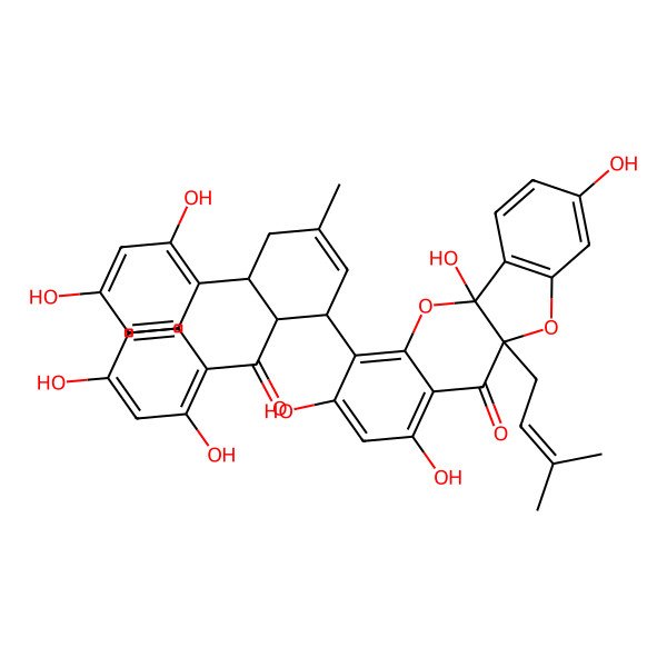 2D Structure of (5aS,10aR)-4-[(1S,5S,6R)-6-(2,4-dihydroxybenzoyl)-5-(2,4-dihydroxyphenyl)-3-methylcyclohex-2-en-1-yl]-1,3,5a,8-tetrahydroxy-10a-(3-methylbut-2-enyl)-[1]benzofuro[3,2-b]chromen-11-one