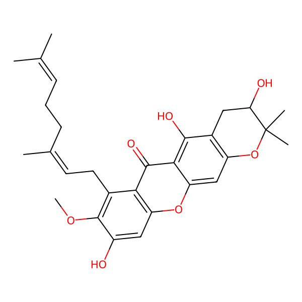 2D Structure of (3R)-7-[(2E)-3,7-dimethylocta-2,6-dienyl]-3,5,9-trihydroxy-8-methoxy-2,2-dimethyl-3,4-dihydropyrano[3,2-b]xanthen-6-one
