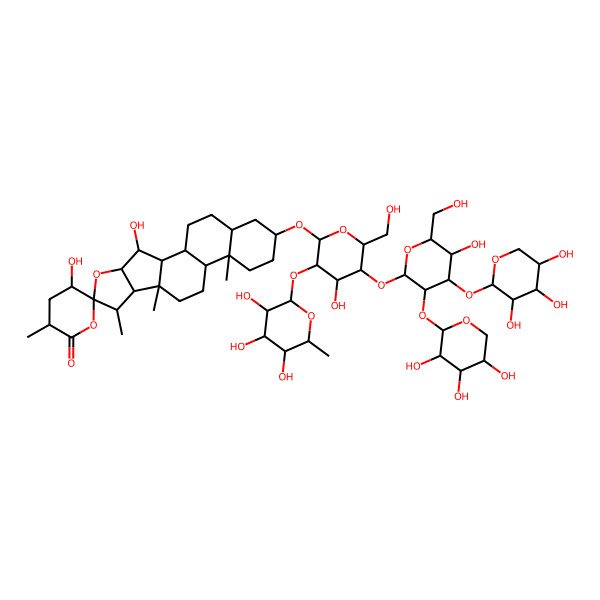 2D Structure of (1R,2S,3R,3'R,4R,5'S,6R,7S,8R,9R,12S,13S,16S,18S)-3,5'-dihydroxy-16-[(2R,3R,4S,5R,6R)-4-hydroxy-5-[(2S,3R,4S,5R,6R)-5-hydroxy-6-(hydroxymethyl)-4-[(2S,3R,4S,5R)-3,4,5-trihydroxyoxan-2-yl]oxy-3-[(2S,3R,4S,5S)-3,4,5-trihydroxyoxan-2-yl]oxyoxan-2-yl]oxy-6-(hydroxymethyl)-3-[(2S,3R,4R,5R,6S)-3,4,5-trihydroxy-6-methyloxan-2-yl]oxyoxan-2-yl]oxy-3',7,9,13-tetramethylspiro[5-oxapentacyclo[10.8.0.02,9.04,8.013,18]icosane-6,6'-oxane]-2'-one