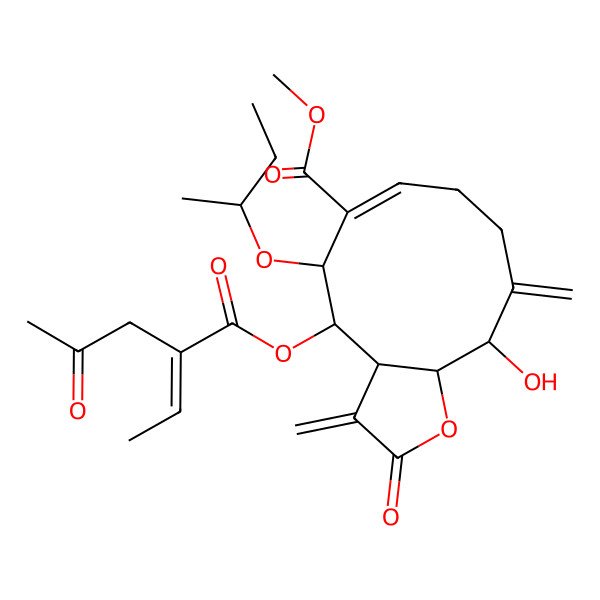 2D Structure of methyl (3aS,4R,5S,6E,11S,11aS)-5-[(2S)-butan-2-yl]oxy-4-[(2Z)-2-ethylidene-4-oxopentanoyl]oxy-11-hydroxy-3,10-dimethylidene-2-oxo-4,5,8,9,11,11a-hexahydro-3aH-cyclodeca[b]furan-6-carboxylate