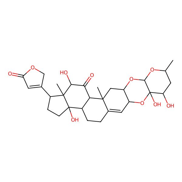 2D Structure of (3R,5S,6R,8R,10S,12R,14R,15S,17S,18S,19R,22S,23R)-5,6,17,22-tetrahydroxy-8,14,18-trimethyl-19-(5-oxo-2H-furan-3-yl)-4,9,11-trioxahexacyclo[12.11.0.03,12.05,10.015,23.018,22]pentacos-1-en-16-one