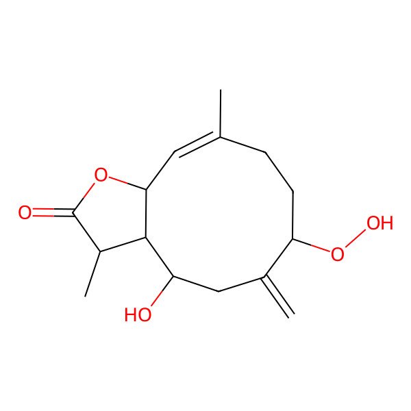 2D Structure of 7-Hydroperoxy-4-hydroxy-3,10-dimethyl-6-methylidene-3,3a,4,5,7,8,9,11a-octahydrocyclodeca[b]furan-2-one