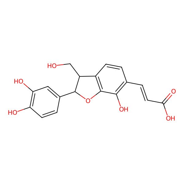 2D Structure of (E)-3-[(2S,3R)-2-(3,4-dihydroxyphenyl)-7-hydroxy-3-(hydroxymethyl)-2,3-dihydro-1-benzofuran-6-yl]prop-2-enoic acid