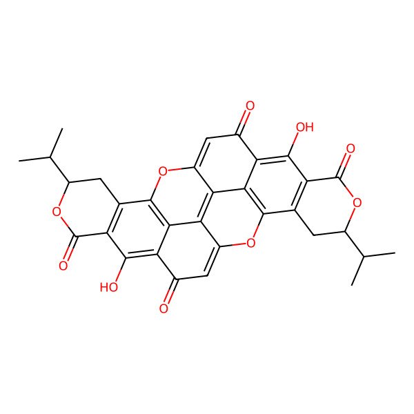 2D Structure of (7R,20R)-11,24-dihydroxy-7,20-di(propan-2-yl)-8,16,21,30-tetraoxaoctacyclo[15.11.1.14,28.02,15.03,12.05,10.018,23.025,29]triaconta-1,3,5(10),11,14,17(29),18(23),24,27-nonaene-9,13,22,26-tetrone