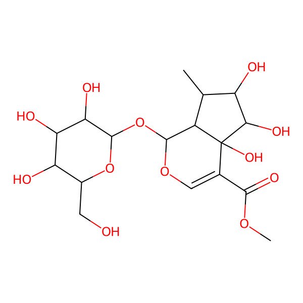 2D Structure of methyl (1S,4aR,5R,6R,7R,7aR)-4a,5,6-trihydroxy-7-methyl-1-[(2S,3R,4S,5S,6R)-3,4,5-trihydroxy-6-(hydroxymethyl)oxan-2-yl]oxy-5,6,7,7a-tetrahydro-1H-cyclopenta[c]pyran-4-carboxylate