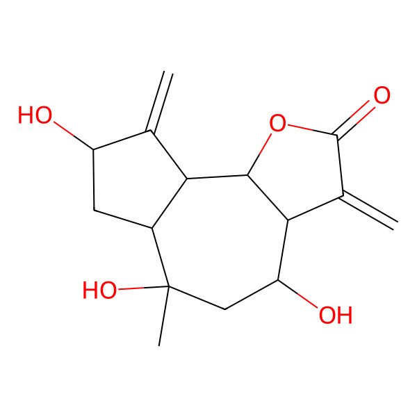 2D Structure of (3aR,4S,6R,6aR,8S,9aR,9bR)-4,6,8-trihydroxy-6-methyl-3,9-dimethylidene-3a,4,5,6a,7,8,9a,9b-octahydroazuleno[4,5-b]furan-2-one