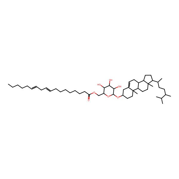 2D Structure of [6-[[17-(5,6-dimethylheptan-2-yl)-10,13-dimethyl-2,3,4,7,8,9,11,12,14,15,16,17-dodecahydro-1H-cyclopenta[a]phenanthren-3-yl]oxy]-3,4,5-trihydroxyoxan-2-yl]methyl octadeca-9,12-dienoate