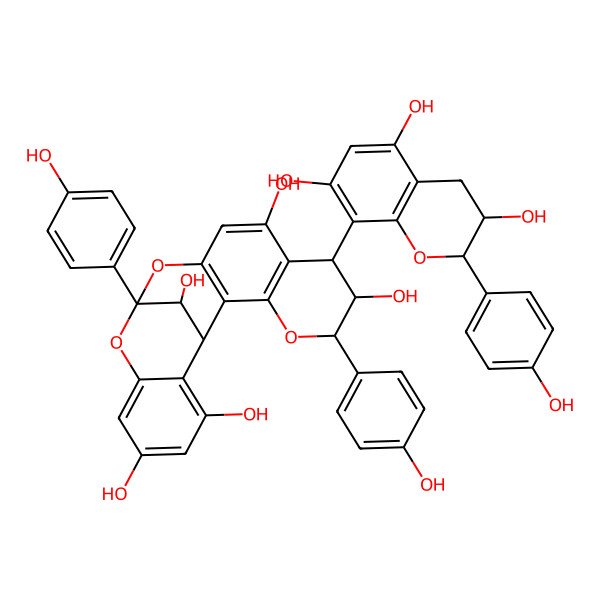 2D Structure of (1R,5R,6R,7S,13R,21S)-5,13-bis(4-hydroxyphenyl)-7-[(2R,3S)-3,5,7-trihydroxy-2-(4-hydroxyphenyl)-3,4-dihydro-2H-chromen-8-yl]-4,12,14-trioxapentacyclo[11.7.1.02,11.03,8.015,20]henicosa-2(11),3(8),9,15,17,19-hexaene-6,9,17,19,21-pentol