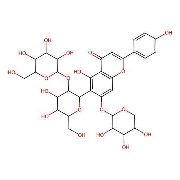2D Structure of 6-[(2S,3R,4S,5S,6S)-4,5-dihydroxy-6-(hydroxymethyl)-3-[(2S,3R,4S,5S,6R)-3,4,5-trihydroxy-6-(hydroxymethyl)oxan-2-yl]oxyoxan-2-yl]-5-hydroxy-2-(4-hydroxyphenyl)-7-[(2S,3S,4S,5S)-3,4,5-trihydroxyoxan-2-yl]oxychromen-4-one
