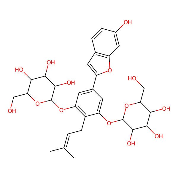 2D Structure of (2S,3R,4S,5S,6R)-2-[5-(6-hydroxy-1-benzofuran-2-yl)-2-(3-methylbut-2-enyl)-3-[(2S,3R,4S,5S,6R)-3,4,5-trihydroxy-6-(hydroxymethyl)oxan-2-yl]oxyphenoxy]-6-(hydroxymethyl)oxane-3,4,5-triol