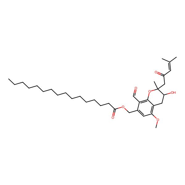 2D Structure of [8-Formyl-3-hydroxy-5-methoxy-2-methyl-2-(4-methyl-2-oxopent-3-enyl)-3,4-dihydrochromen-7-yl]methyl hexadecanoate