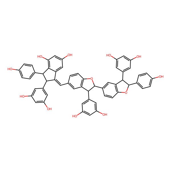 2D Structure of (1Z,2R,3R)-2-(3,5-dihydroxyphenyl)-1-[[(2S,3S)-3-(3,5-dihydroxyphenyl)-2-[(2R,3R)-3-(3,5-dihydroxyphenyl)-2-(4-hydroxyphenyl)-2,3-dihydro-1-benzofuran-5-yl]-2,3-dihydro-1-benzofuran-5-yl]methylidene]-3-(4-hydroxyphenyl)-2,3-dihydroindene-4,6-diol