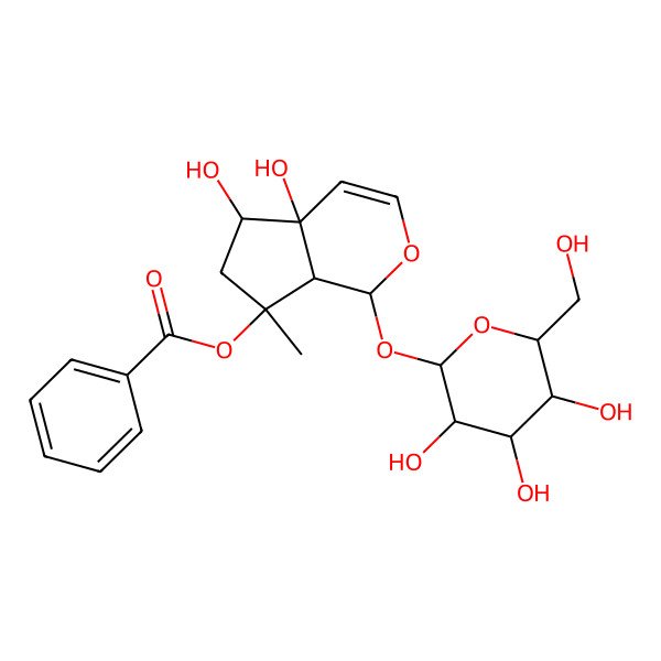 2D Structure of [4a,5-Dihydroxy-7-methyl-1-[3,4,5-trihydroxy-6-(hydroxymethyl)oxan-2-yl]oxy-1,5,6,7a-tetrahydrocyclopenta[c]pyran-7-yl] benzoate