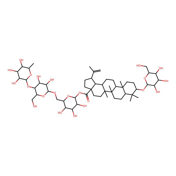 2D Structure of [(2S,3R,4S,5S,6R)-6-[[(2R,3R,4R,5S,6R)-3,4-dihydroxy-6-(hydroxymethyl)-5-[(2S,3R,4R,5R,6S)-3,4,5-trihydroxy-6-methyloxan-2-yl]oxyoxan-2-yl]oxymethyl]-3,4,5-trihydroxyoxan-2-yl] (1R,3aS,5aR,5bR,7aS,9R,11aR,11bR,13aR,13bR)-5a,5b,8,8,11a-pentamethyl-1-prop-1-en-2-yl-9-[(2R,3R,4S,5S,6R)-3,4,5-trihydroxy-6-(hydroxymethyl)oxan-2-yl]oxy-1,2,3,4,5,6,7,7a,9,10,11,11b,12,13,13a,13b-hexadecahydrocyclopenta[a]chrysene-3a-carboxylate