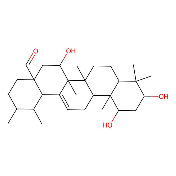 2D Structure of (1S,2R,4aS,6S,6aS,6bR,10S,12R,12aR,14bS)-6,10,12-trihydroxy-1,2,6a,6b,9,9,12a-heptamethyl-2,3,4,5,6,6a,7,8,8a,10,11,12,13,14b-tetradecahydro-1H-picene-4a-carbaldehyde