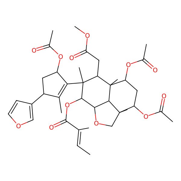 2D Structure of [5,7-Diacetyloxy-10-[5-acetyloxy-3-(furan-3-yl)-2-methylcyclopenten-1-yl]-9-(2-methoxy-2-oxoethyl)-4,8,10-trimethyl-2-oxatricyclo[6.3.1.04,12]dodecan-11-yl] 2-methylbut-2-enoate