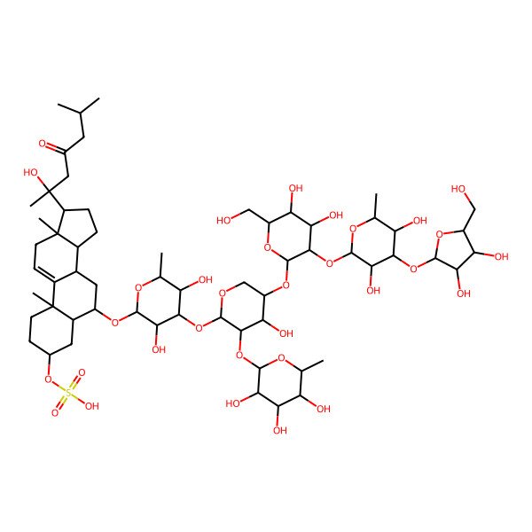 2D Structure of [(3S,5S,6S,8S,10S,13S,14S,17S)-6-[(2R,3R,4S,5R,6R)-4-[(2S,3R,4S,5R)-5-[(2S,3R,4S,5R,6R)-3-[(2S,3R,4S,5S,6R)-4-[(2S,3R,4R,5S)-3,4-dihydroxy-5-(hydroxymethyl)oxolan-2-yl]oxy-3,5-dihydroxy-6-methyloxan-2-yl]oxy-4,5-dihydroxy-6-(hydroxymethyl)oxan-2-yl]oxy-4-hydroxy-3-[(2S,3R,4S,5S,6R)-3,4,5-trihydroxy-6-methyloxan-2-yl]oxyoxan-2-yl]oxy-3,5-dihydroxy-6-methyloxan-2-yl]oxy-17-[(2S)-2-hydroxy-6-methyl-4-oxoheptan-2-yl]-10,13-dimethyl-2,3,4,5,6,7,8,12,14,15,16,17-dodecahydro-1H-cyclopenta[a]phenanthren-3-yl] hydrogen sulfate