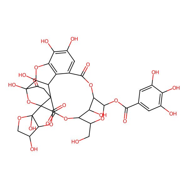 2D Structure of [3,6a,13',14',18',19',25'-heptahydroxy-5'-(hydroxymethyl)-2',5,10',23'-tetraoxospiro[3,3a-dihydro-2H-furo[3,2-b]furan-6,21'-3,6,9,20,24-pentaoxahexacyclo[17.2.2.14,8.115,18.01,17.011,16]pentacosa-11,13,15-triene]-7'-yl] 3,4,5-trihydroxybenzoate