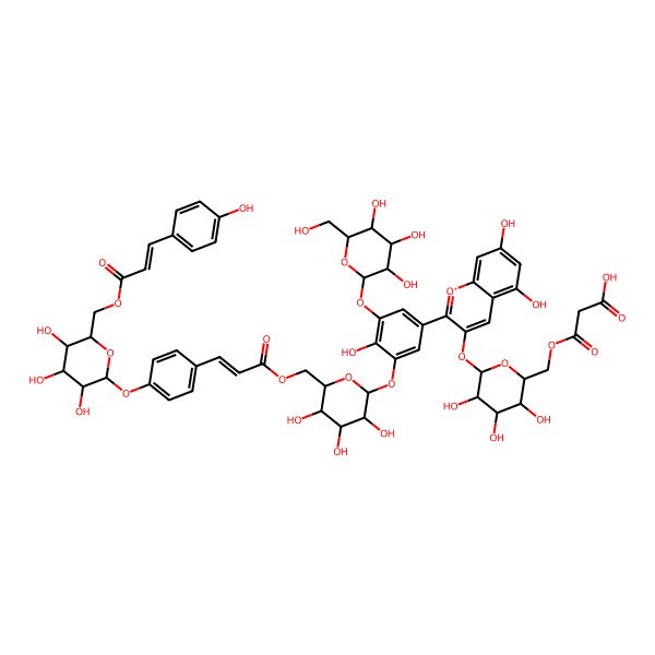 2D Structure of 3-[[(2R,3S,4S,5R,6S)-6-[5,7-dihydroxy-2-[4-hydroxy-3-[(2S,3S,4S,5S,6R)-3,4,5-trihydroxy-6-(hydroxymethyl)oxan-2-yl]oxy-5-[(2S,3R,4S,5S,6S)-3,4,5-trihydroxy-6-[[(E)-3-[4-[(2S,3R,4S,5S,6R)-3,4,5-trihydroxy-6-[3-(4-hydroxyphenyl)prop-2-enoyloxymethyl]oxan-2-yl]oxyphenyl]prop-2-enoyl]oxymethyl]oxan-2-yl]oxyphenyl]chromenylium-3-yl]oxy-3,4,5-trihydroxyoxan-2-yl]methoxy]-3-oxopropanoic acid