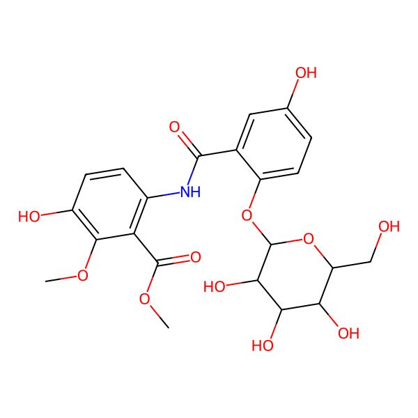 2D Structure of Methyl 3-hydroxy-6-[[5-hydroxy-2-[3,4,5-trihydroxy-6-(hydroxymethyl)oxan-2-yl]oxybenzoyl]amino]-2-methoxybenzoate