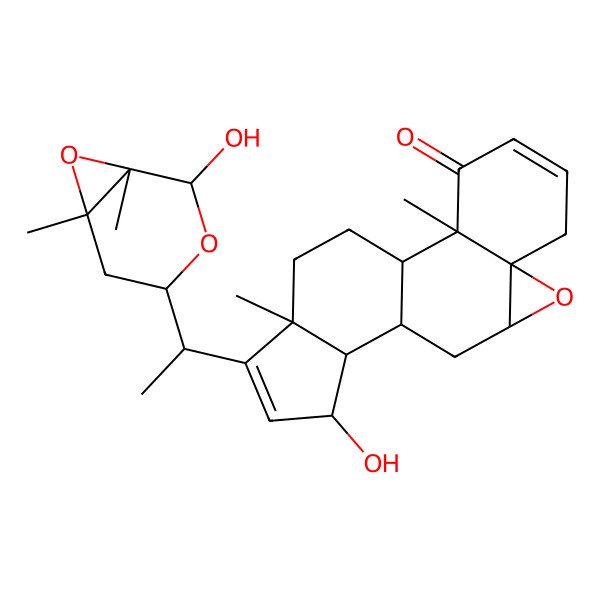 2D Structure of 13-Hydroxy-15-[1-(2-hydroxy-1,6-dimethyl-3,7-dioxabicyclo[4.1.0]heptan-4-yl)ethyl]-2,16-dimethyl-8-oxapentacyclo[9.7.0.02,7.07,9.012,16]octadeca-4,14-dien-3-one