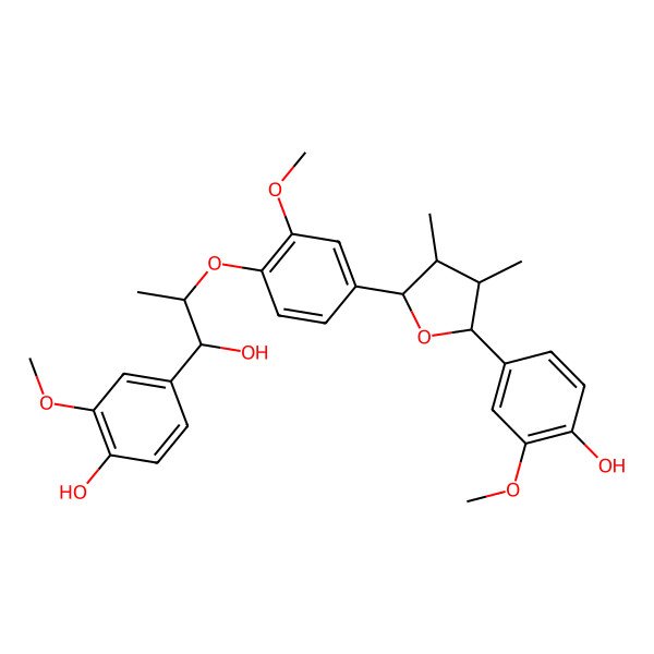 2D Structure of 4-[(2R,3R,4R,5S)-5-[4-[(1R,2S)-1-hydroxy-1-(4-hydroxy-3-methoxyphenyl)propan-2-yl]oxy-3-methoxyphenyl]-3,4-dimethyloxolan-2-yl]-2-methoxyphenol