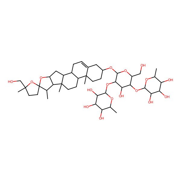 2D Structure of (2S,3R,4R,5R,6S)-2-[(2R,3S,4S,5R,6R)-4-hydroxy-2-(hydroxymethyl)-6-[(1S,2S,4S,5'S,6S,7S,8R,9S,12S,13R,16S)-5'-(hydroxymethyl)-5',7,9,13-tetramethylspiro[5-oxapentacyclo[10.8.0.02,9.04,8.013,18]icos-18-ene-6,2'-oxolane]-16-yl]oxy-5-[(2S,3R,4R,5R,6S)-3,4,5-trihydroxy-6-methyloxan-2-yl]oxyoxan-3-yl]oxy-6-methyloxane-3,4,5-triol