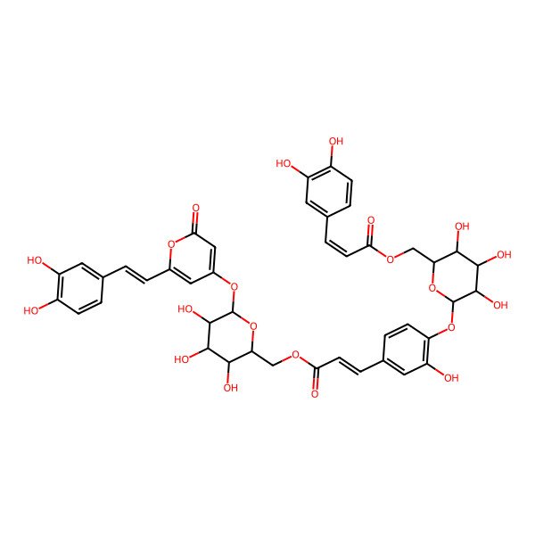 2D Structure of [(2R,3S,4S,5R,6S)-6-[4-[(E)-3-[[(2R,3S,4S,5R,6S)-6-[2-[(E)-2-(3,4-dihydroxyphenyl)ethenyl]-6-oxopyran-4-yl]oxy-3,4,5-trihydroxyoxan-2-yl]methoxy]-3-oxoprop-1-enyl]-2-hydroxyphenoxy]-3,4,5-trihydroxyoxan-2-yl]methyl (E)-3-(3,4-dihydroxyphenyl)prop-2-enoate