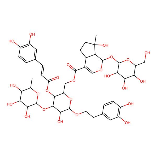 2D Structure of [6-[2-(3,4-dihydroxyphenyl)ethoxy]-3-[3-(3,4-dihydroxyphenyl)prop-2-enoyloxy]-5-hydroxy-4-(3,4,5-trihydroxy-6-methyloxan-2-yl)oxyoxan-2-yl]methyl 7-hydroxy-7-methyl-1-[3,4,5-trihydroxy-6-(hydroxymethyl)oxan-2-yl]oxy-4a,5,6,7a-tetrahydro-1H-cyclopenta[c]pyran-4-carboxylate