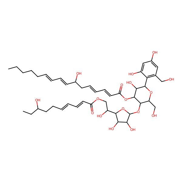2D Structure of [(2S,3S,5R,6R)-5-[(2S,3R,4R,5S)-3,4-dihydroxy-5-[1-hydroxy-2-[(2E,4Z)-8-hydroxydeca-2,4-dienoyl]oxyethyl]oxolan-2-yl]oxy-2-[2,4-dihydroxy-6-(hydroxymethyl)phenyl]-3-hydroxy-6-(hydroxymethyl)oxan-4-yl] (2E,4E,8E,10E)-7-hydroxyhexadeca-2,4,8,10-tetraenoate