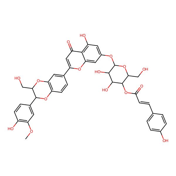 2D Structure of [(2R,3S,4R,5R,6S)-4,5-dihydroxy-6-[5-hydroxy-2-[(2R,3R)-2-(4-hydroxy-3-methoxyphenyl)-3-(hydroxymethyl)-2,3-dihydro-1,4-benzodioxin-6-yl]-4-oxochromen-7-yl]oxy-2-(hydroxymethyl)oxan-3-yl] (E)-3-(4-hydroxyphenyl)prop-2-enoate