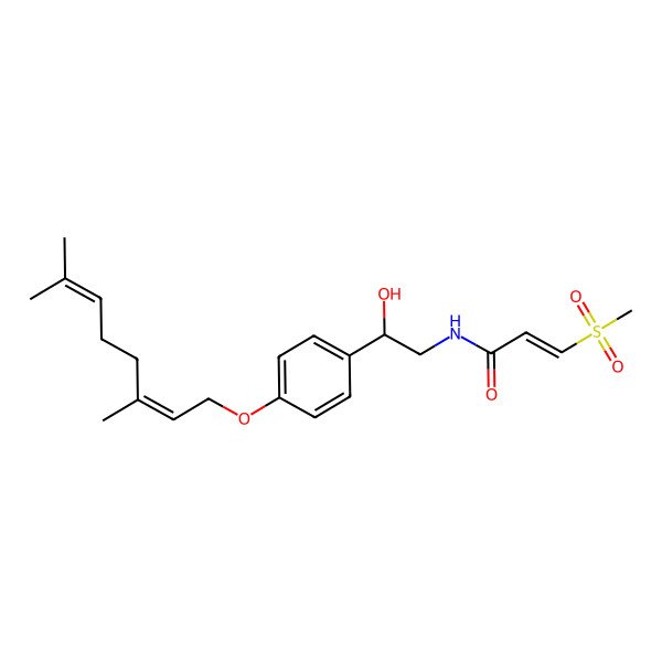 2D Structure of (E)-N-[(2R)-2-[4-[(2E)-3,7-dimethylocta-2,6-dienoxy]phenyl]-2-hydroxyethyl]-3-methylsulfonylprop-2-enamide