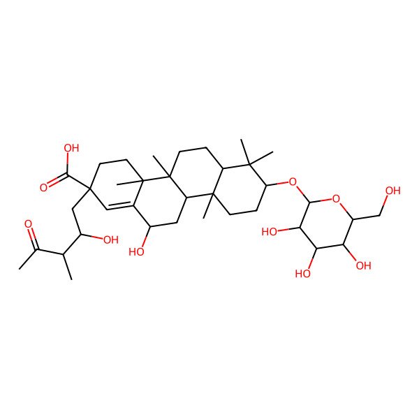 2D Structure of 12-hydroxy-2-(2-hydroxy-3-methyl-4-oxopentyl)-4a,4b,7,7,10a-pentamethyl-8-[3,4,5-trihydroxy-6-(hydroxymethyl)oxan-2-yl]oxy-4,5,6,6a,8,9,10,10b,11,12-decahydro-3H-chrysene-2-carboxylic acid