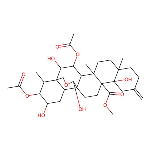 2D Structure of methyl (1S,2S,3S,4R,5R,8R,13S,14S,17S,18R,20R,21R,22R,25S)-3,21-diacetyloxy-2,13,20,25-tetrahydroxy-5,8,22-trimethyl-11-methylidene-24-oxahexacyclo[15.5.3.01,18.04,17.05,14.08,13]pentacosane-14-carboxylate