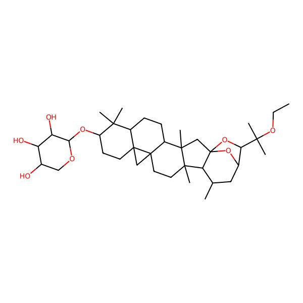 2D Structure of (2S,3R,4S,5R)-2-[[(1R,3S,4S,7R,9S,12R,14S,17R,18R,19R,21R,22S)-22-(2-ethoxypropan-2-yl)-3,8,8,17,19-pentamethyl-23,24-dioxaheptacyclo[19.2.1.01,18.03,17.04,14.07,12.012,14]tetracosan-9-yl]oxy]oxane-3,4,5-triol