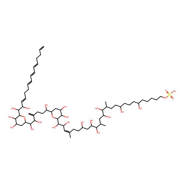 2D Structure of [27-[6-[6-[6-(1,2-Dihydroxyhexadeca-3,7,9,11,15-pentaenyl)-4,5-dihydroxyoxan-2-yl]-1,5,6-trihydroxy-4-methylidenehexyl]-3,4-dihydroxyoxan-2-yl]-6,10,14,15,18,19,21,26,27-nonahydroxy-13,17,24-trimethylheptacos-24-enyl] hydrogen sulfate