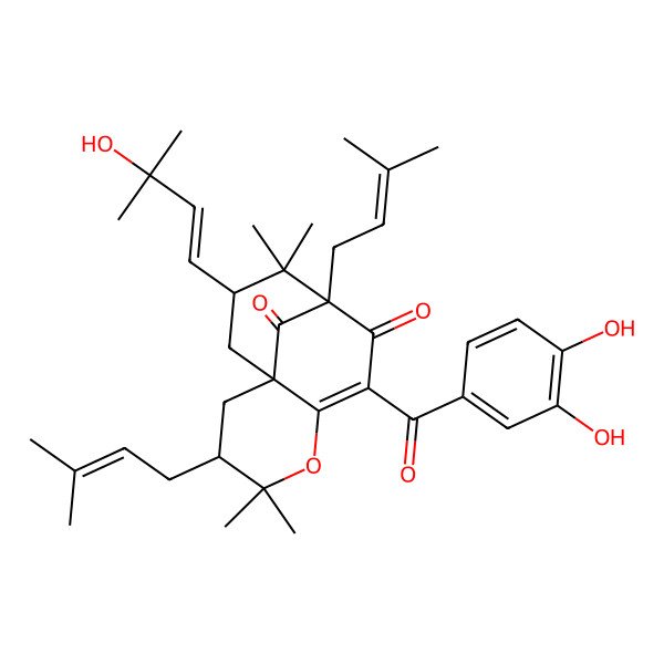 2D Structure of (1S,3S,9R,11R)-7-(3,4-dihydroxybenzoyl)-11-[(E)-3-hydroxy-3-methylbut-1-enyl]-4,4,10,10-tetramethyl-3,9-bis(3-methylbut-2-enyl)-5-oxatricyclo[7.3.1.01,6]tridec-6-ene-8,13-dione