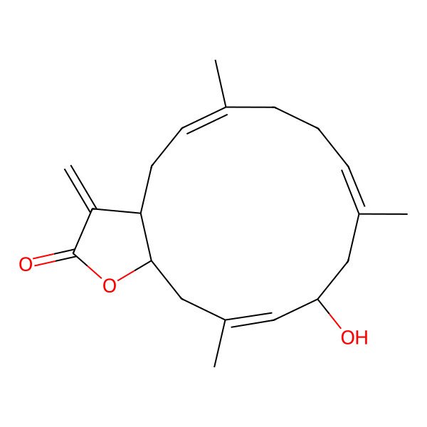 2D Structure of (3aR,9E,12S,13E,15aS)-12-hydroxy-6,10,14-trimethyl-3-methylidene-3a,4,7,8,11,12,15,15a-octahydrocyclotetradeca[b]furan-2-one