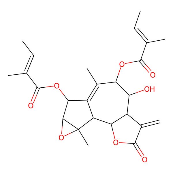 2D Structure of [7-Hydroxy-9,14-dimethyl-11-(2-methylbut-2-enoyloxy)-5-methylidene-4-oxo-3,13-dioxatetracyclo[8.4.0.02,6.012,14]tetradec-9-en-8-yl] 2-methylbut-2-enoate