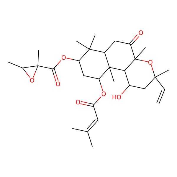 2D Structure of [3-Ethenyl-1-hydroxy-3,4a,7,7,10a-pentamethyl-10-(3-methylbut-2-enoyloxy)-5-oxo-1,2,6,6a,8,9,10,10b-octahydrobenzo[f]chromen-8-yl] 2,3-dimethyloxirane-2-carboxylate