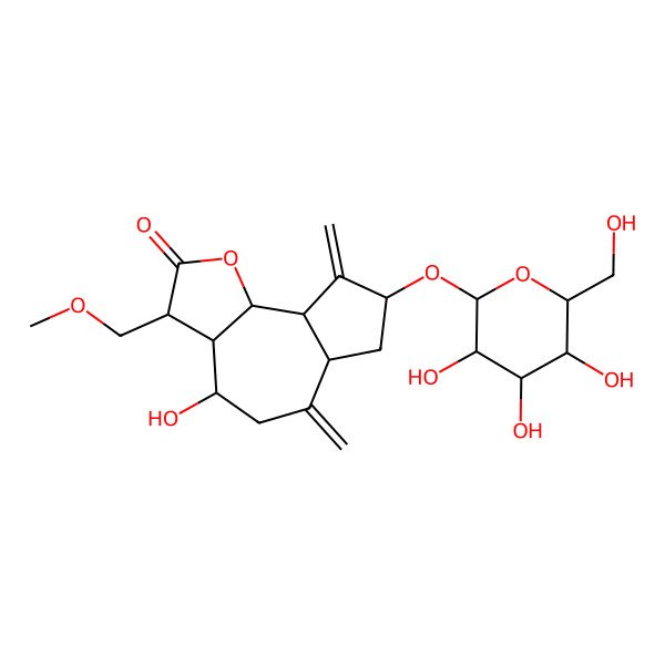 2D Structure of (3R,3aR,4R,6aR,8S,9aR,9bR)-4-hydroxy-3-(methoxymethyl)-6,9-dimethylidene-8-[(2R,3R,4S,5S,6R)-3,4,5-trihydroxy-6-(hydroxymethyl)oxan-2-yl]oxy-3a,4,5,6a,7,8,9a,9b-octahydro-3H-azuleno[4,5-b]furan-2-one
