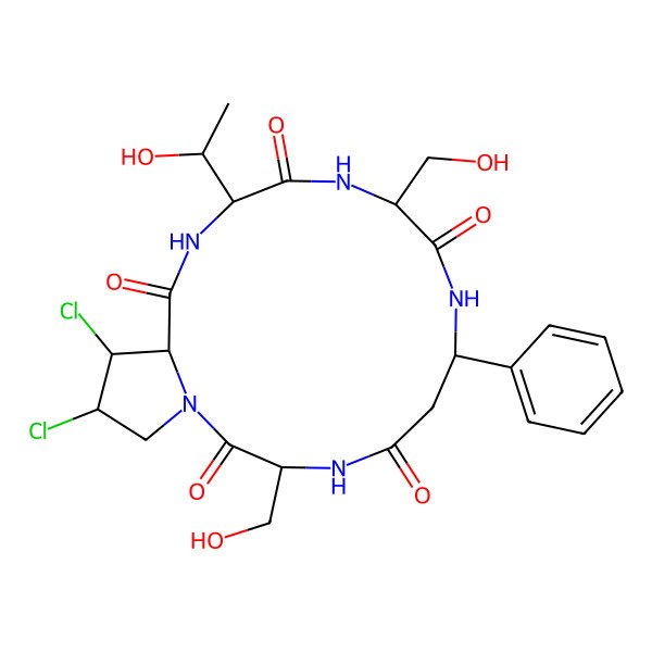2D Structure of 17,18-Dichloro-13-(1-hydroxyethyl)-3,10-bis(hydroxymethyl)-7-phenyl-1,4,8,11,14-pentazabicyclo[14.3.0]nonadecane-2,5,9,12,15-pentone